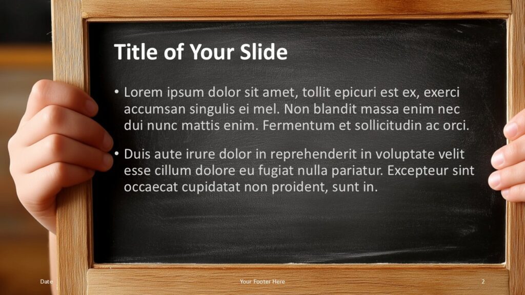 Content slide showing a close-up of the chalkboard with bullet text areas and a soft classroom background for Google Slides and PowerPoint.