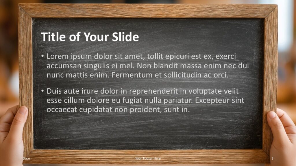 A wider classroom view with a centered chalkboard and bullet list layout, ideal for continuing content in PowerPoint or Google Slides.