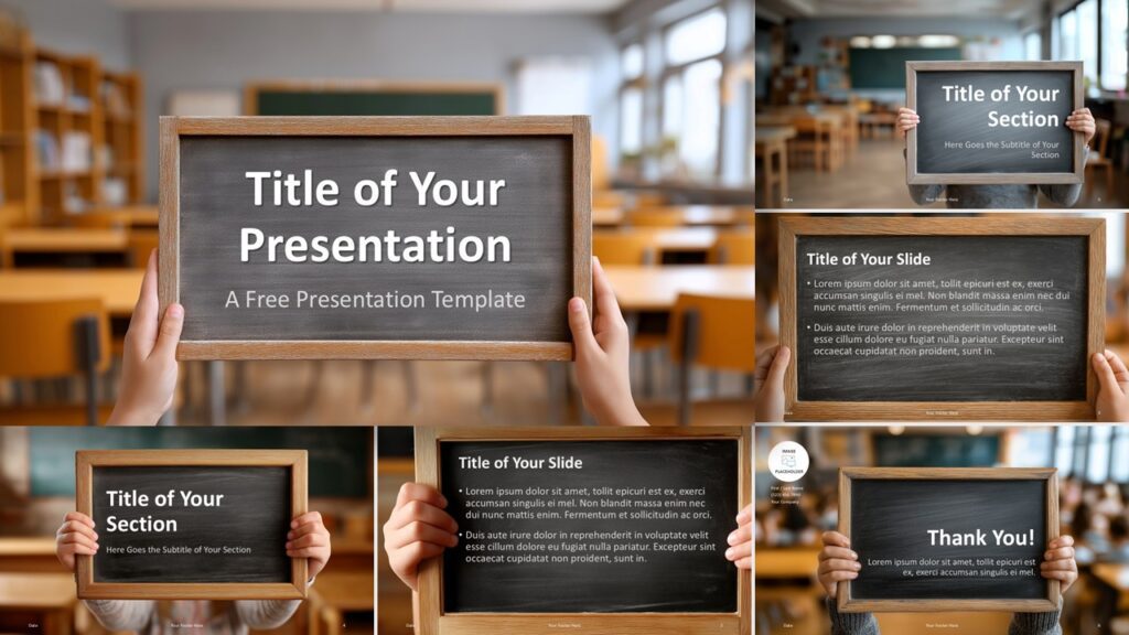 Widescreen layout of the Chalkboard Classroom Template for PowerPoint and Google Slides featuring six educational-themed slide designs.
