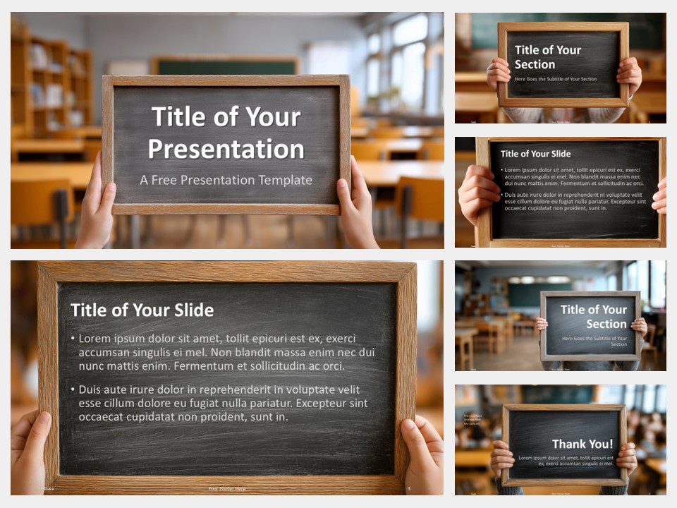 Full preview of the Chalkboard Classroom Template for PowerPoint and Google Slides showing all six slide layouts in a school-style design.