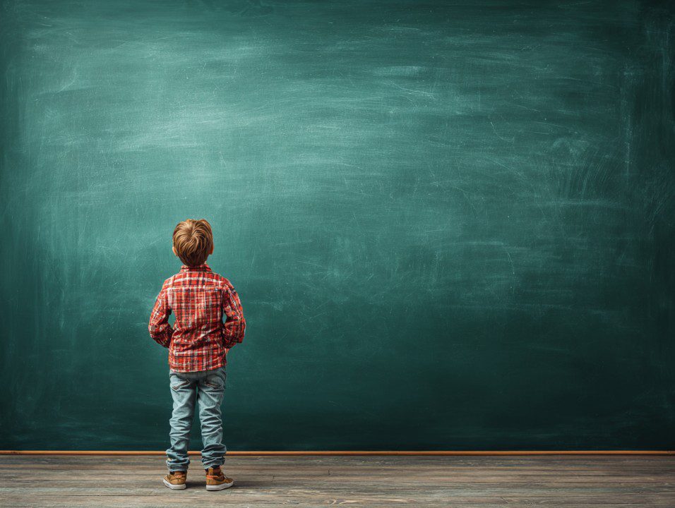 Young boy standing with his back facing the camera in front of a large green chalkboard in a school classroom.