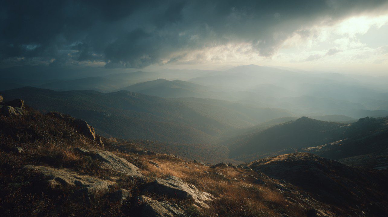Cinematic view of rocky countryside with layered mountains and dramatic cloudy sky at sunset.