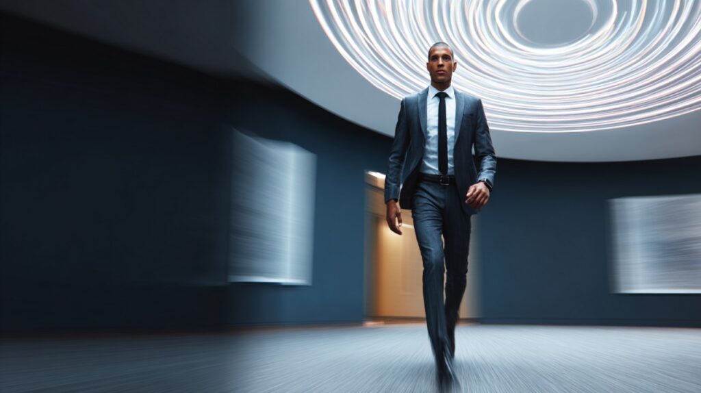 Sharp-dressed businessman confidently walking through a futuristic office lobby with dynamic lighting.