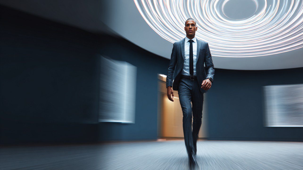 Sharp-dressed businessman confidently walking through a futuristic office lobby with dynamic lighting.