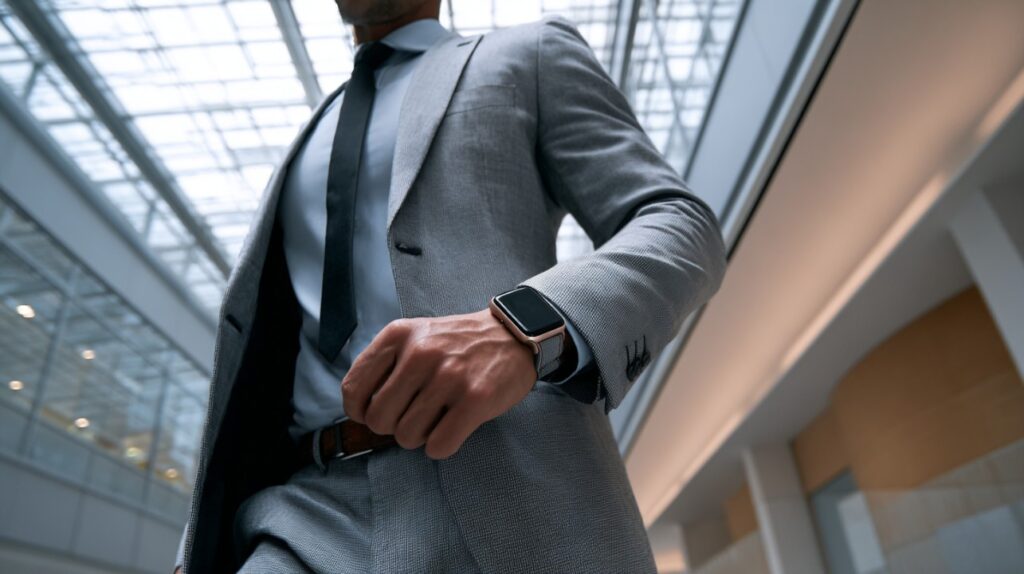 Sharp-dressed businessman confidently walking through a modern office building with glass ceilings.