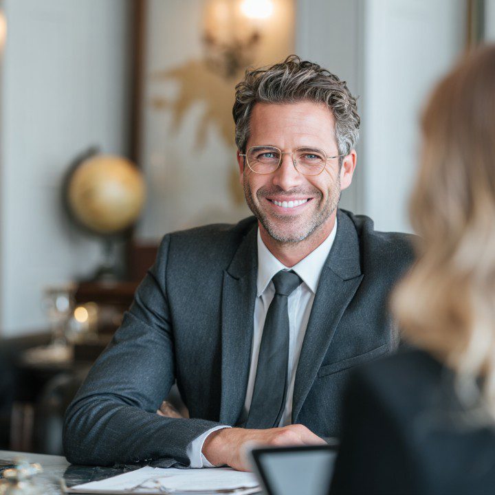 Confident businessman with glasses smiling warmly during a business meeting in a modern office.