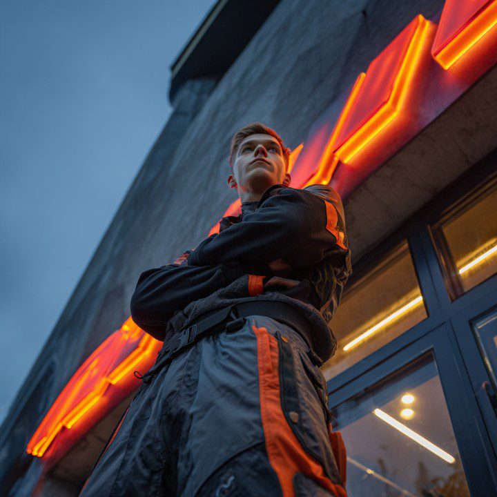 Low-angle view of a confident young handyman wearing a black and orange uniform, standing with arms crossed outside a building with neon lights.