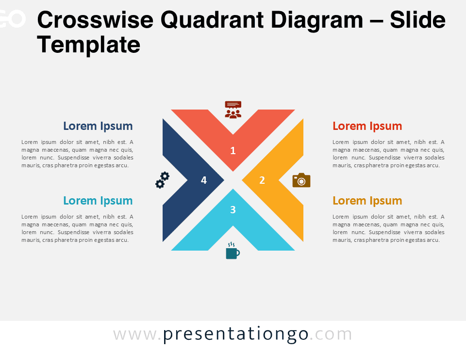 Preview of the Crosswise Quadrant Diagram template with 4 options and icons arranged in a central, converging X layout.