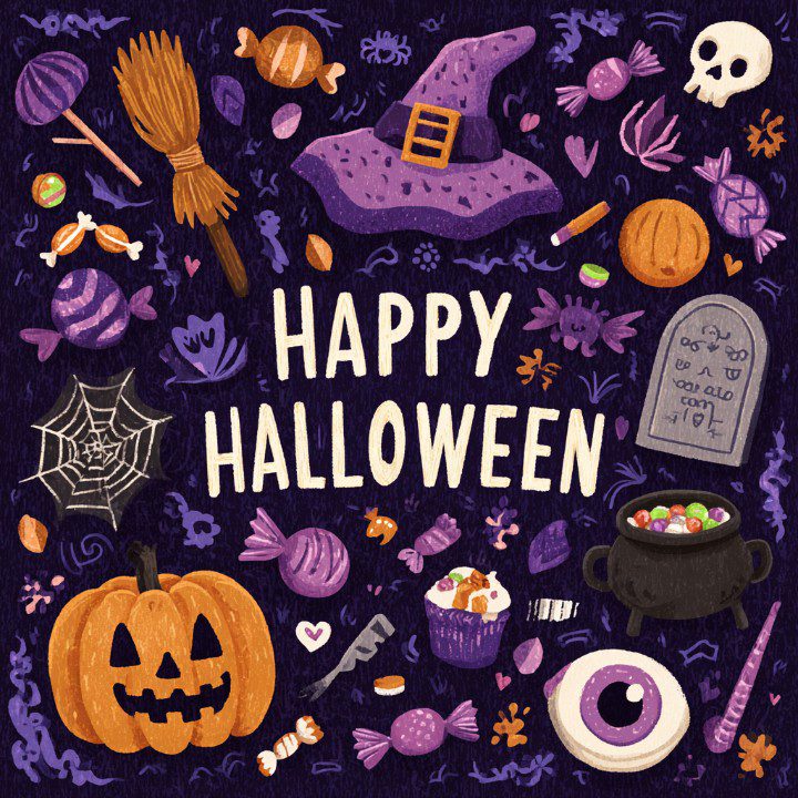 Illustrated Halloween card with a witch hat, broom, pumpkin, candy, skull, and spiderweb on a dark purple background.