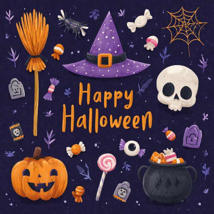 Illustrated Halloween card with a witch hat, broom, pumpkin, candy, skull, and spiderweb on a dark purple background.