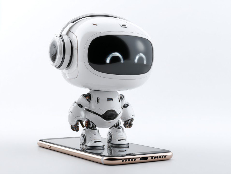 A small, adorable robot with headphones stands on a smartphone, blending futuristic design with mobile technology.