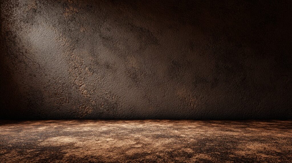 Digital art background showing a dark brown earth floor with a textured dark brown wall.