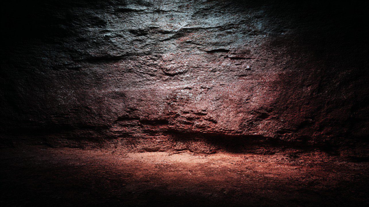 Dark cave wall with rough texture and subtle warm red lighting highlighting the surface.