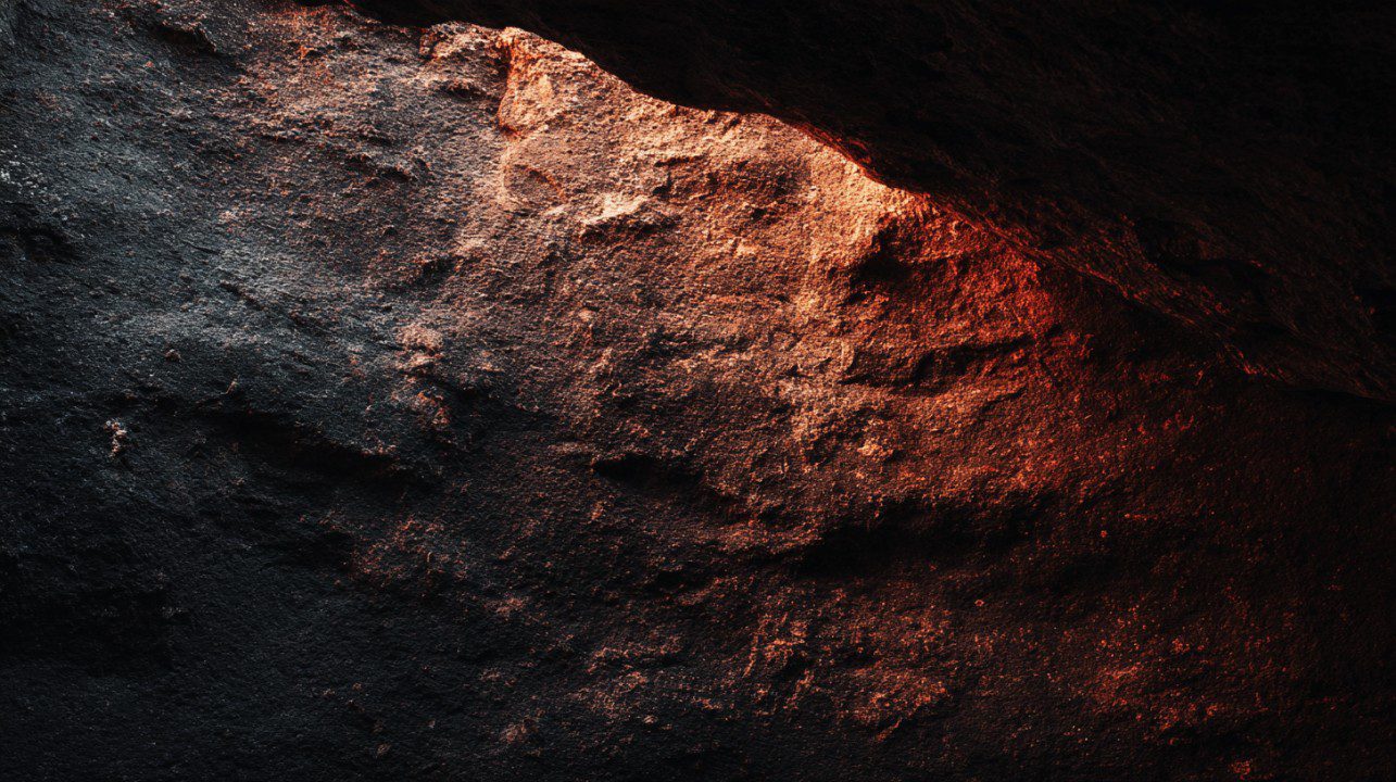 Dark textured cave wall with subtle warm light highlighting the rough surface.
