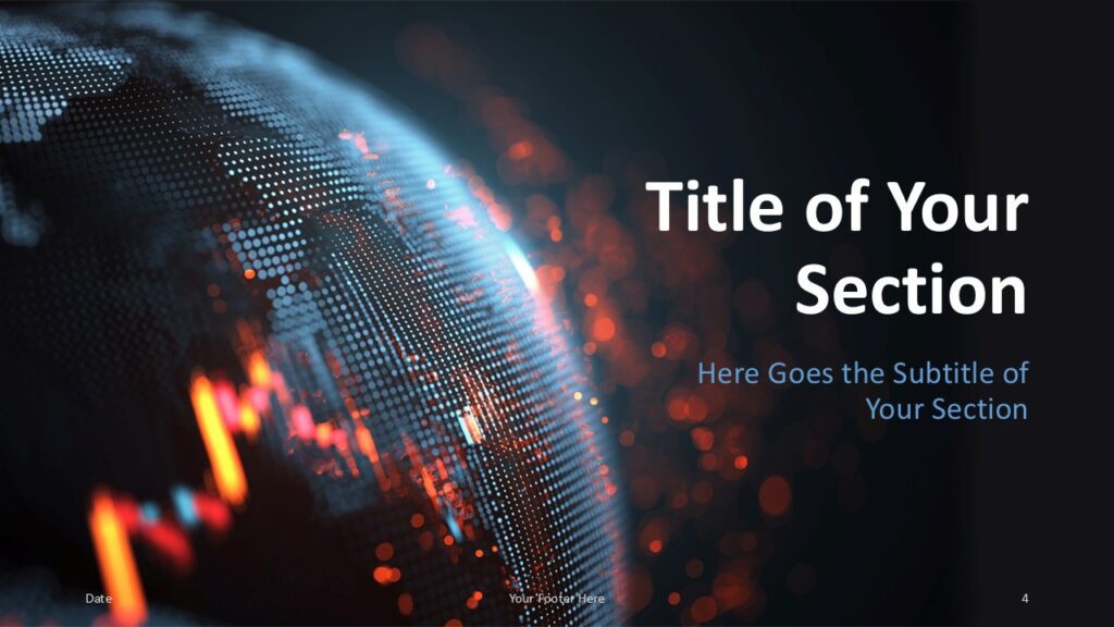 Section divider with large text area and glowing Earth background; used for topic transitions in PowerPoint and Google Slides.