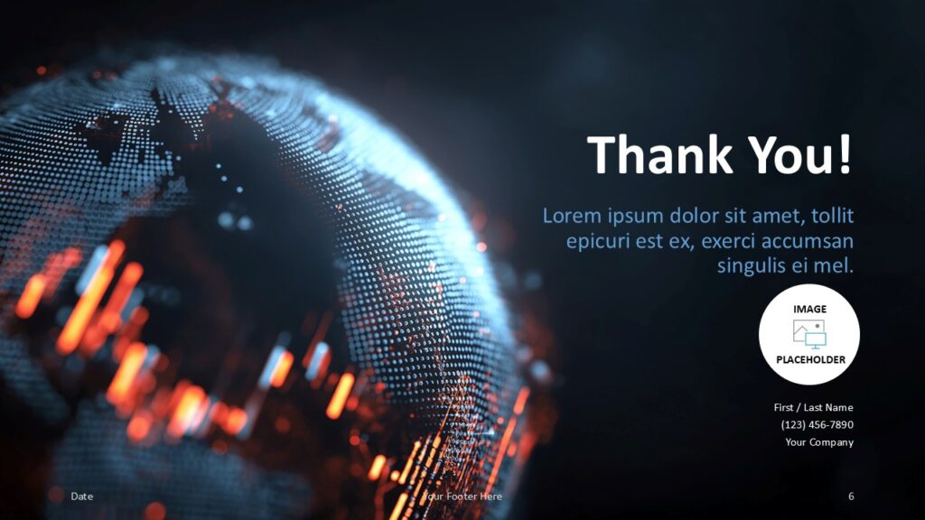 Final slide layout includes “Thank You” text, contact area, and photo placeholder; designed for professional closings.