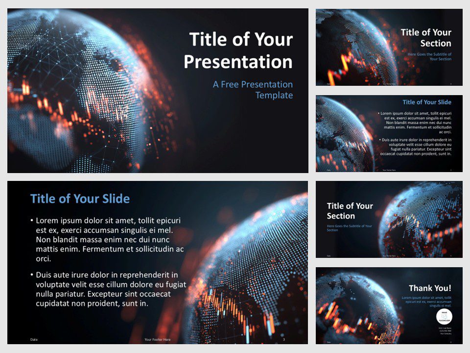 All six slides from the Digital World template for PowerPoint and Google Slides displayed in a sleek, modern layout.