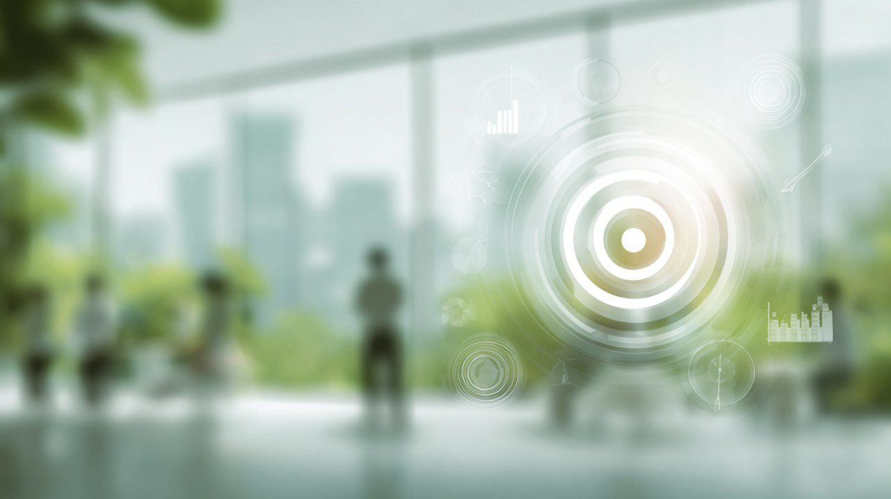 Blurred eco-friendly office interior with natural light, green plants, and digital data visualization overlays representing teamwork and business growth.