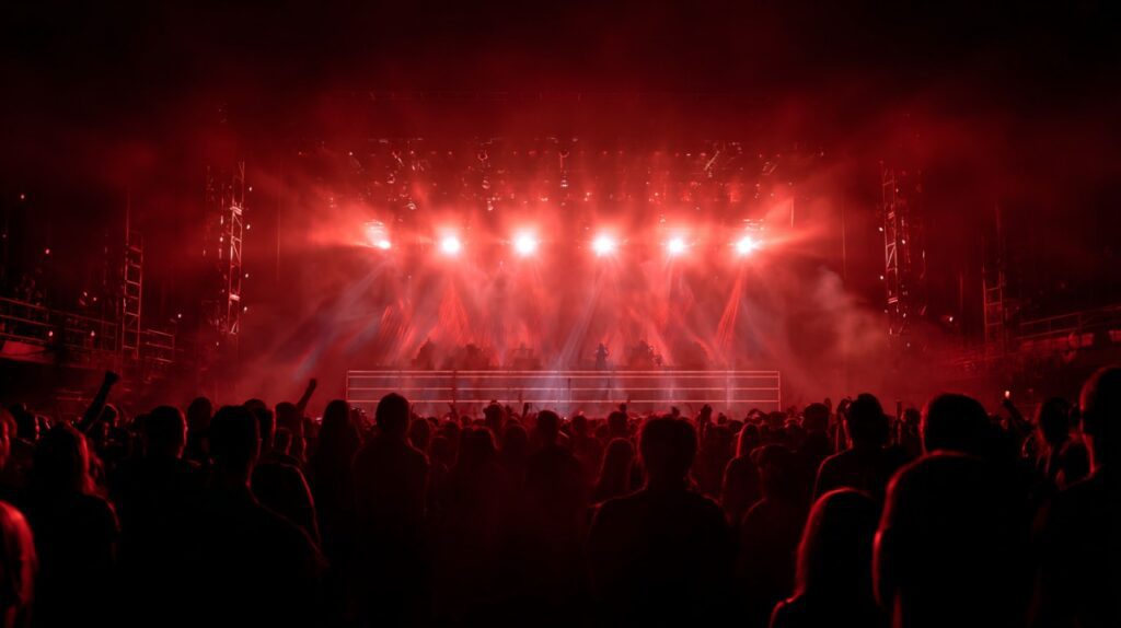 Empty concert stage illuminated by red lights with silhouettes of a crowd gathered in front, ready for a live performance.