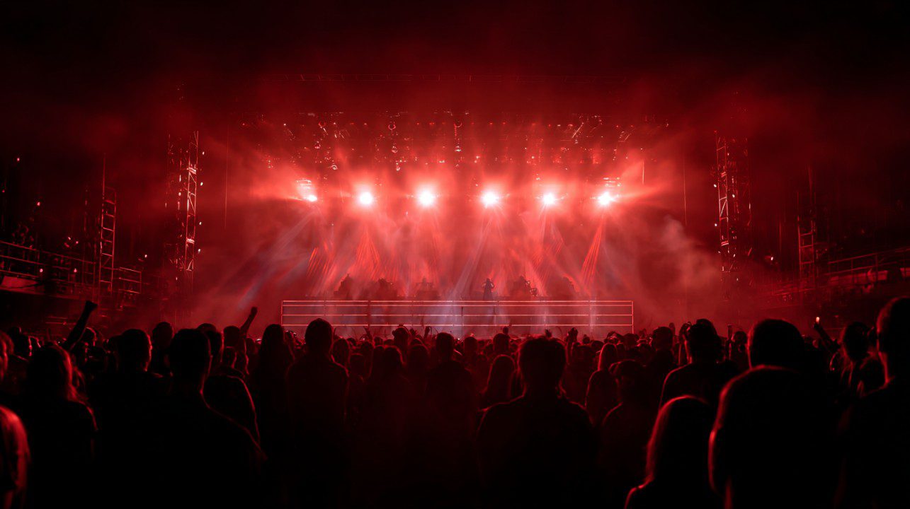 Empty concert stage illuminated by red lights with silhouettes of a crowd gathered in front, ready for a live performance.