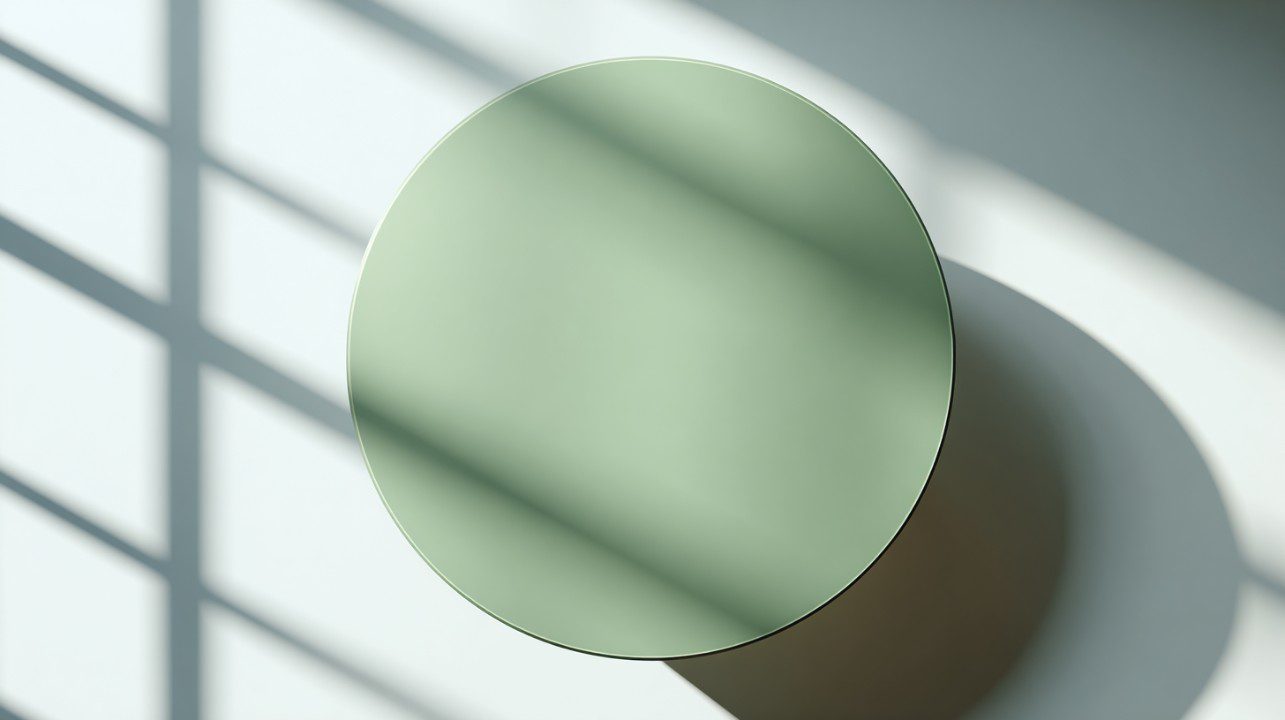 Top-down view of an empty matte green round table with soft natural shadows cast from window grids.