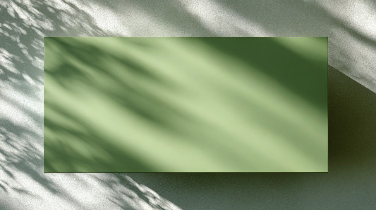 Top-down view of an empty matte green table with natural shadows cast across its surface.