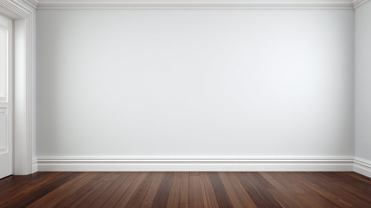 Empty room with plain white wall and polished wooden floor, highlighting minimalist interior design.