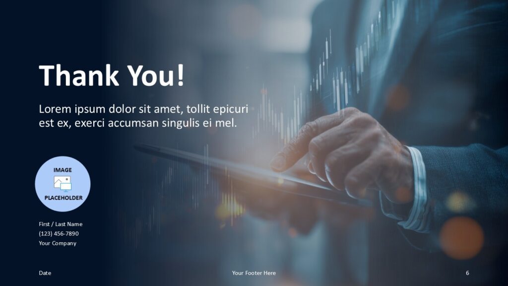 Thank-you slide of Executive Insight Template for PowerPoint and Google Slides featuring navy gradient text area, contact info, and tablet visual.