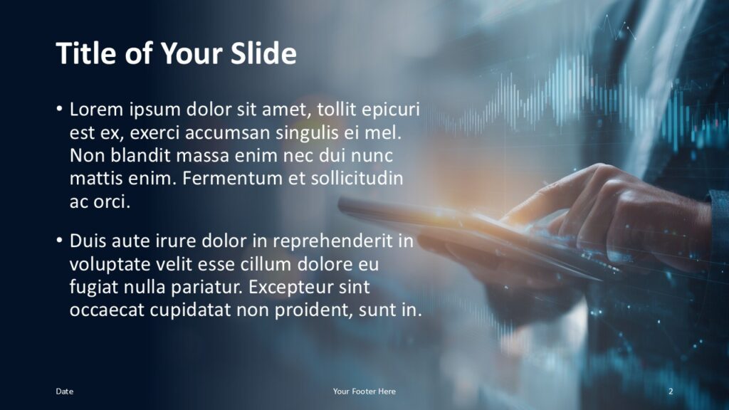 Content slide with navy gradient text area and right-side tablet image from Executive Insight Template for PowerPoint and Google Slides.