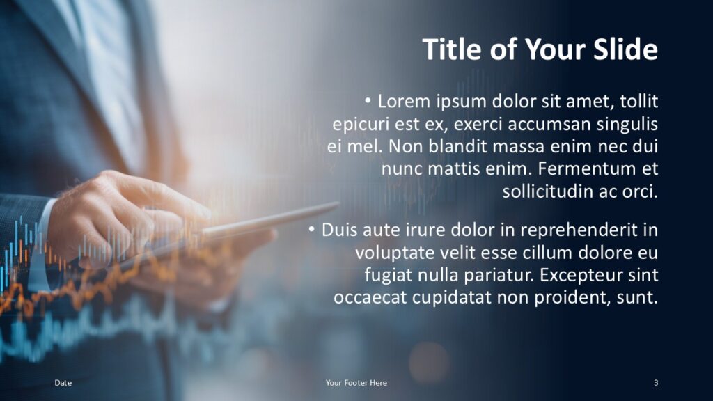 Mirrored content slide from Executive Insight Template for PowerPoint and Google Slides with left tablet image and right navy gradient text area.