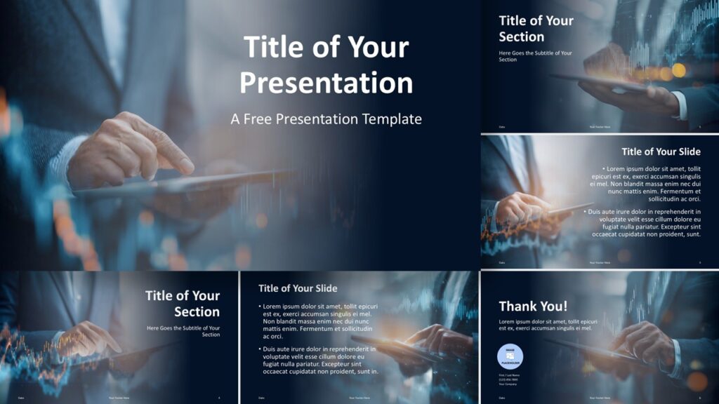 Widescreen preview of Executive Insight Template for PowerPoint and Google Slides, showing six slides with blue styling and photo-text layout.