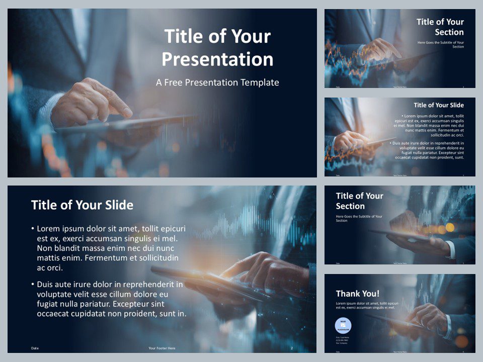 Preview of six Executive Insight Template slides for PowerPoint and Google Slides, with midnight-blue gradients and tablet imagery.