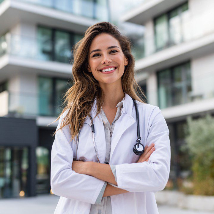 Portrait of a confident female doctor smiling outdoors with arms crossed and wearing a white coat and stethoscope.