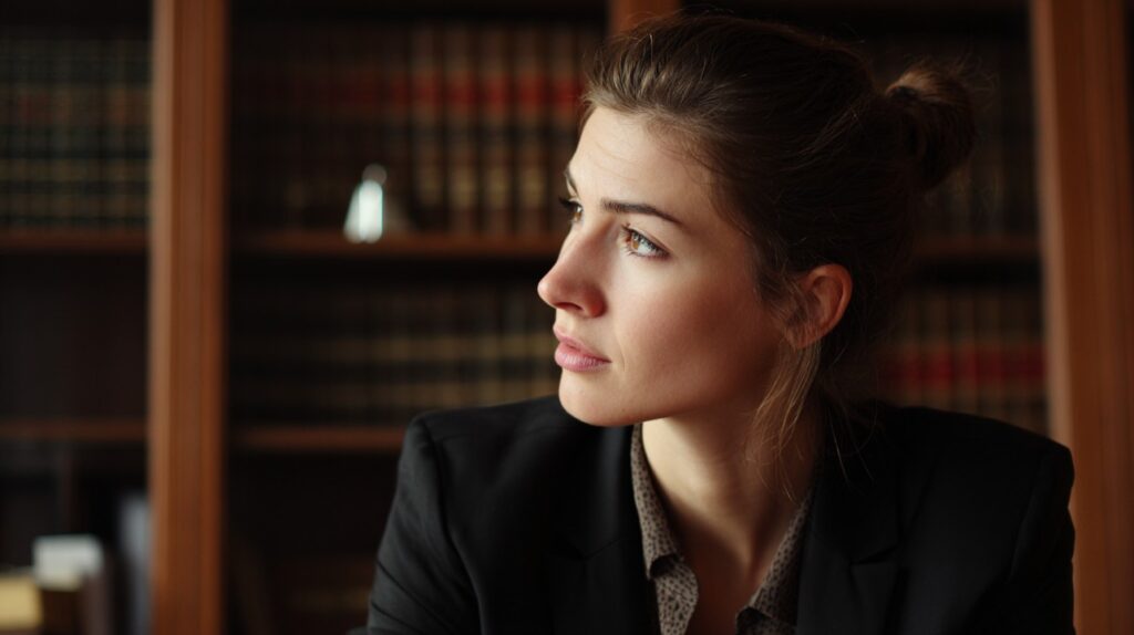 Professional portrait of a focused female lawyer in a law office with bookshelves in the background.