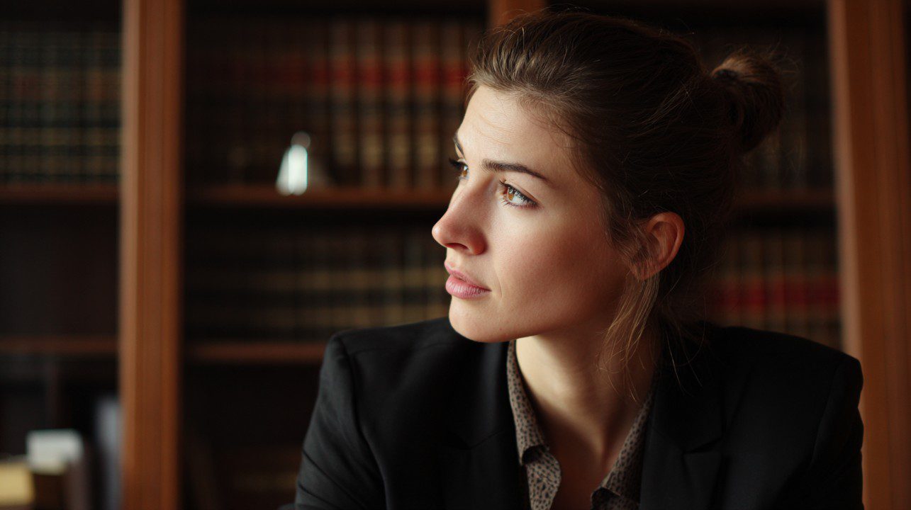 Professional portrait of a focused female lawyer in a law office with bookshelves in the background.