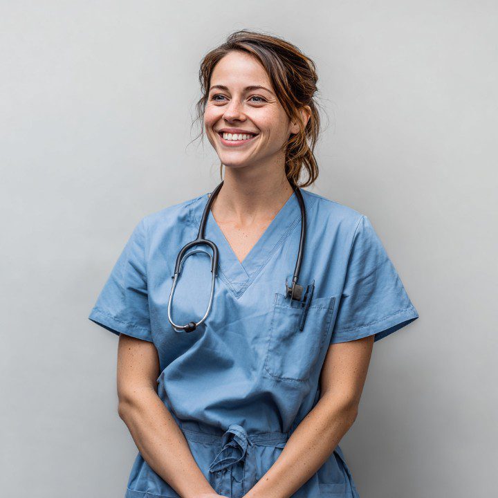 A smiling female nurse in light blue scrubs with a stethoscope around her neck, standing confidently against a neutral background.