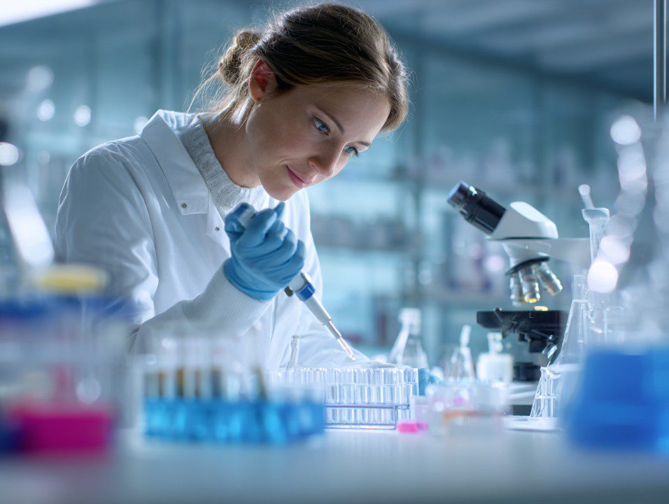 Female scientist with gloves working carefully with test tubes in a modern laboratory setting.