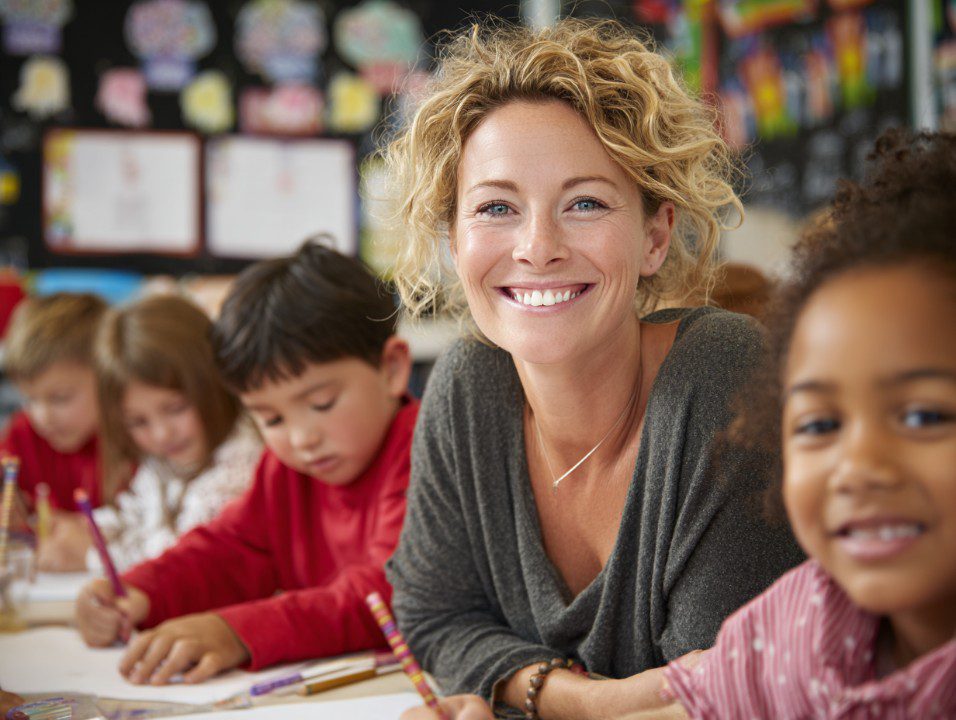 Portrait of a smiling female teacher with diverse students working in a bright classroom setting.