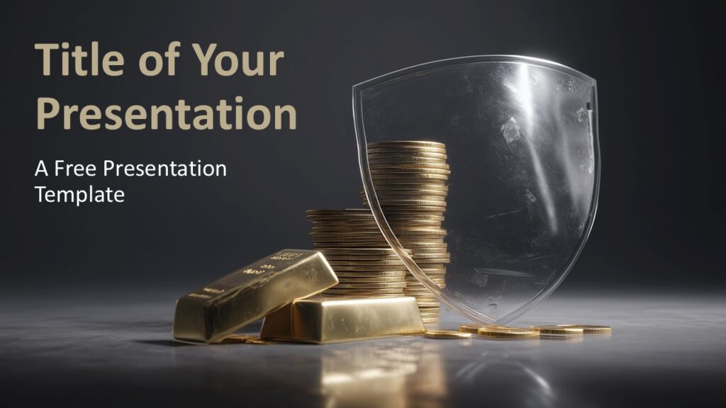 Cover slide layout with gold coins, bars, protective shield, and prominent title placeholder, optimized for PowerPoint presentations.