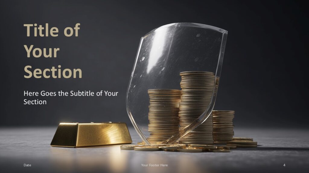 Section divider slide with left-aligned titles and right-side gold visuals, clearly designed to introduce new presentation topics.