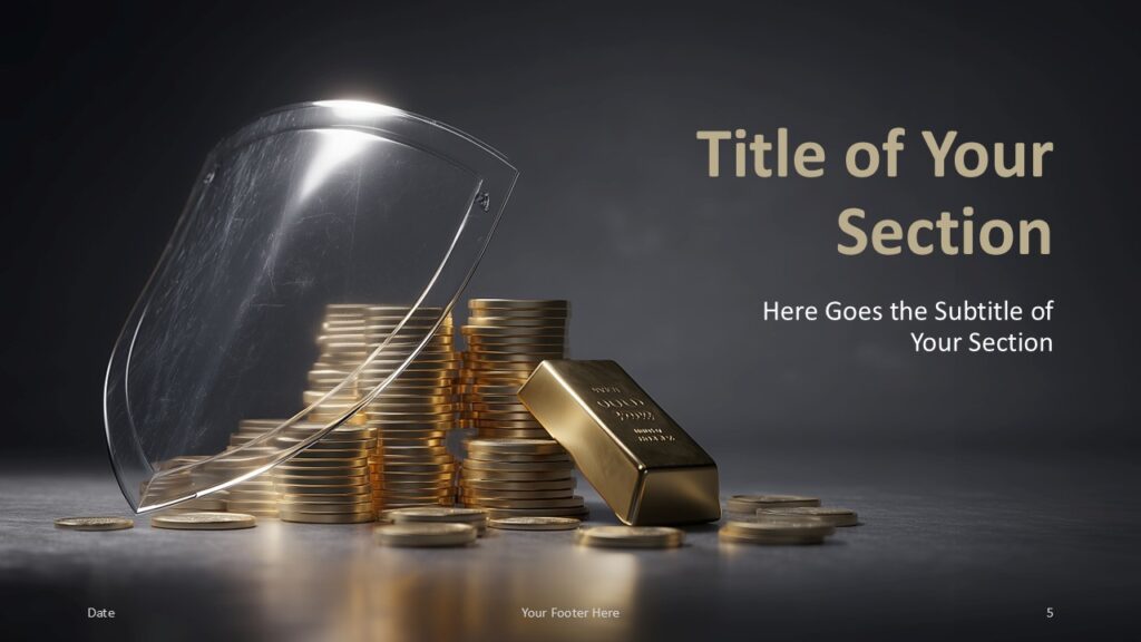Section divider slide with right-aligned titles and left-side financial imagery, ideal for transitioning between key presentation topics.