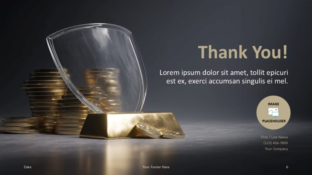 Thank You slide featuring closing message, protective shield visuals, and placeholders for contact information and speaker image.
