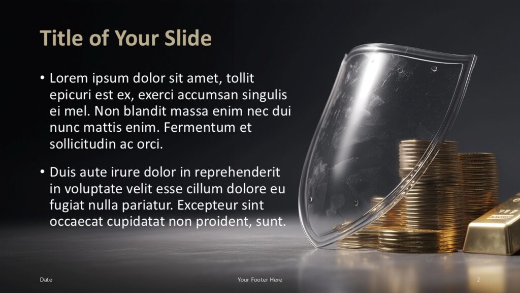 Slide with left-aligned text placeholders and gold financial imagery on the right, designed for clear content presentation in PowerPoint.