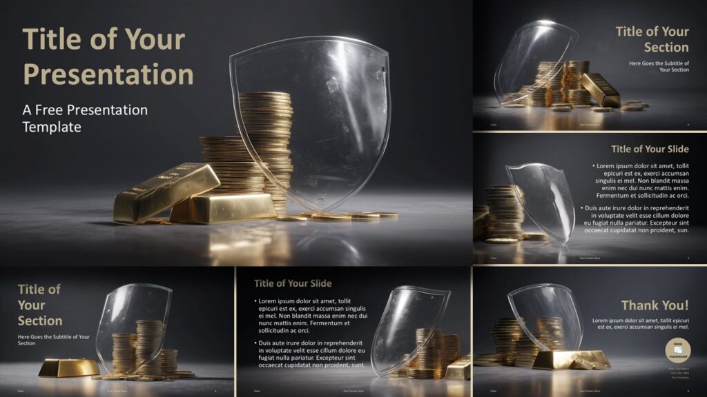 Widescreen preview of Finance & Protection Template layouts for PowerPoint and Google Slides, highlighting gold-themed financial security visuals.