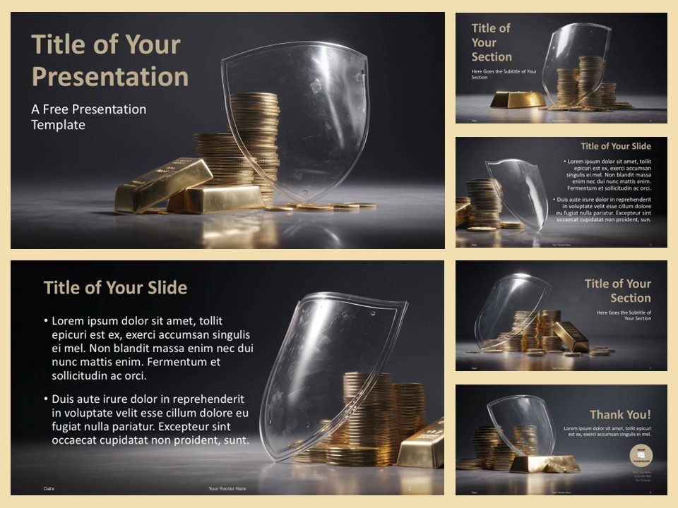 Preview of Finance & Protection Template for PowerPoint and Google Slides, featuring gold visuals and shield imagery across six slides.