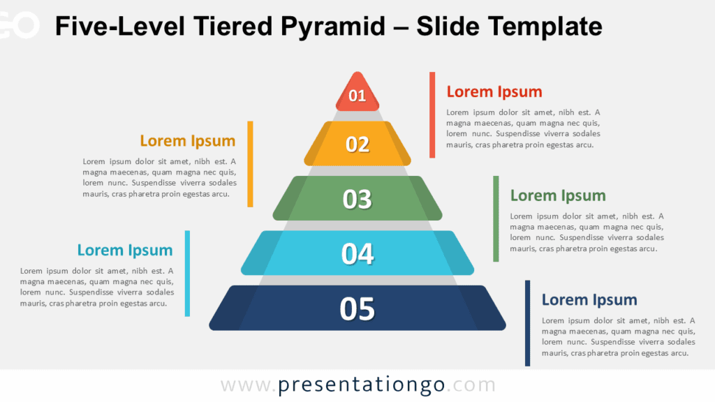 Widescreen five-level pyramid for PowerPoint and Google Slides with a light background, color-coded tiers, and linked text sections.