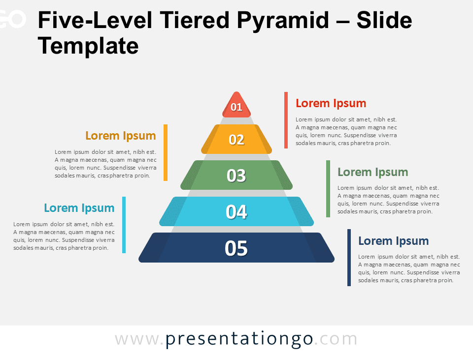 Five-level tiered pyramid template for PowerPoint showing a vertical diagram with numbered segments and aligned text blocks.