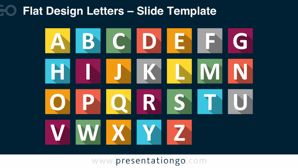 Editable flat design alphabet with bold letters on colorful squares over a dark background for Google Slides and PowerPoint.