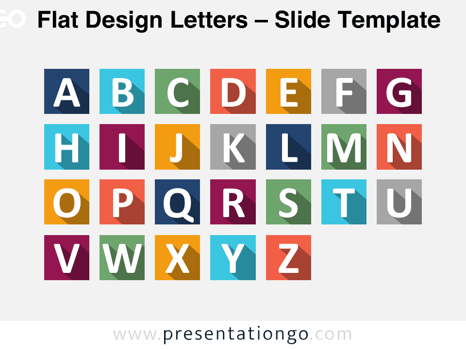 Flat design alphabet template with colorful letter squares in a 4x7 grid, editable for PowerPoint presentations.
