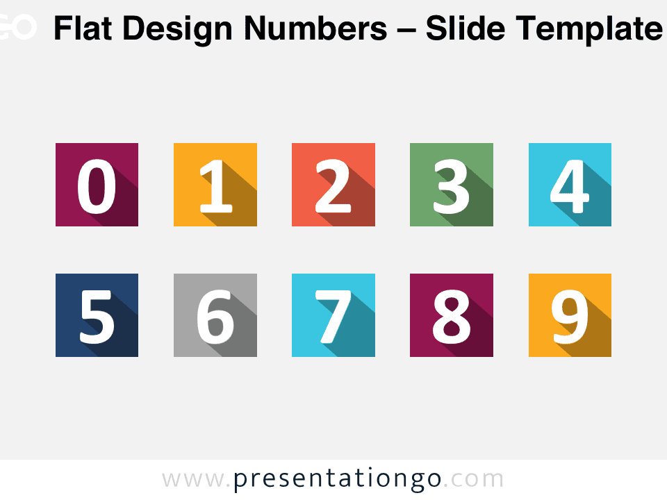 Preview of the Flat Design Numbers template featuring 10 colorful square tiles for PowerPoint, perfect for steps and sequences.
